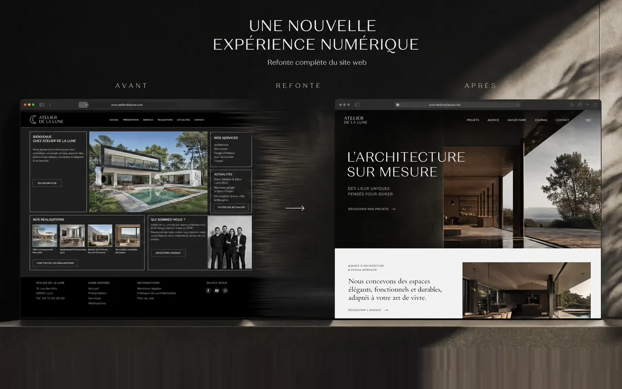 La refonte d'un site : l'ancien site, chargé, à gauche, et le même site refait, épuré, à droite.